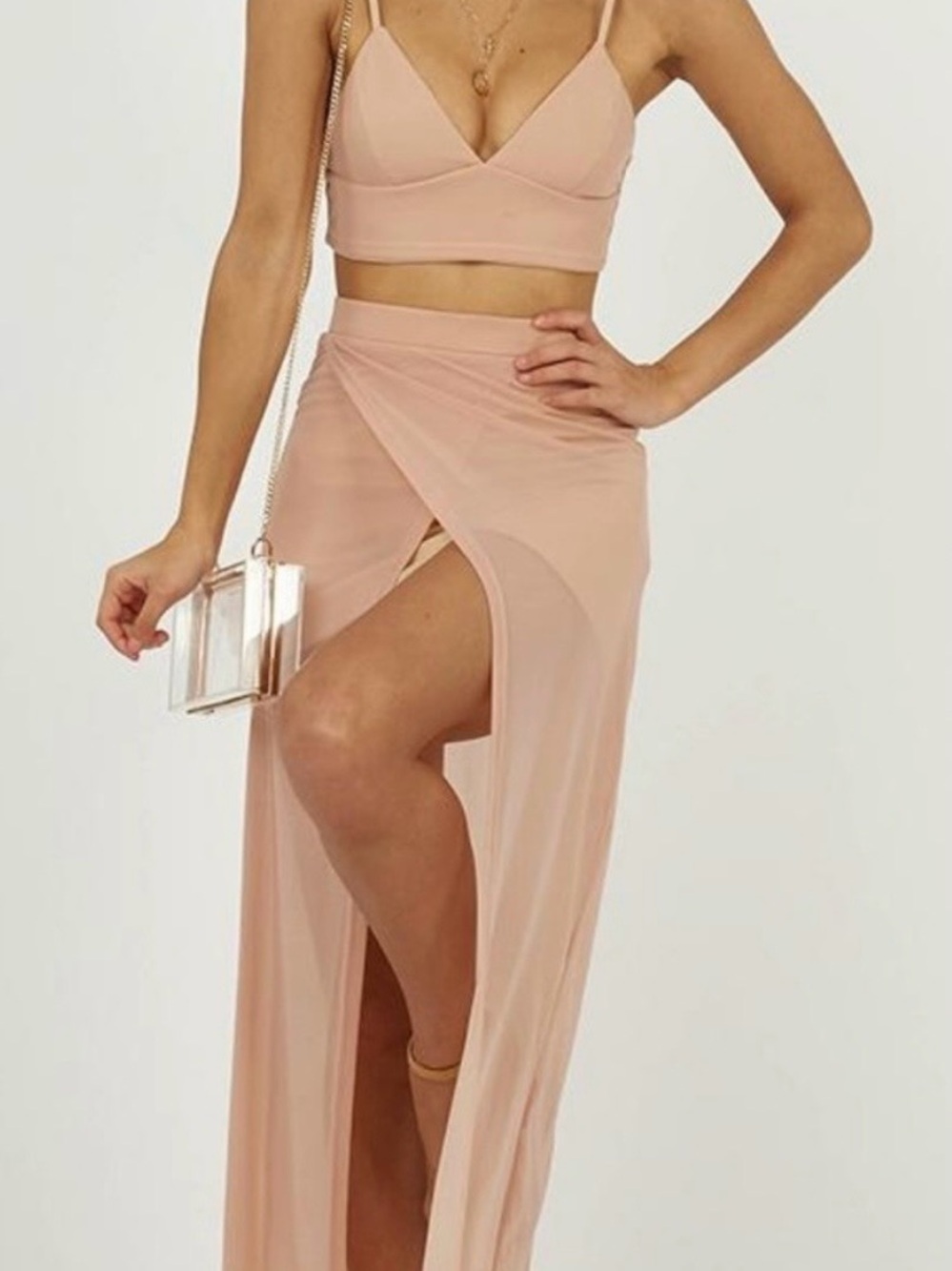 Showpo Blush Sheer Maxi Skirt Set with High Side Slit
